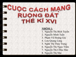 NHÓM 1:
1. Nguyễn Thị Bích Tuyền
2. Nguyễn Minh Tuấn
3. Phạm Vũ Hoàng Gia
4. Lưu Quang Làng
5. Nghê Thị Thùy Trang
6. Nguyễn Thị Ngọc Trầm
7. Nguyễn Thị CHúc Hảo
8. Nguyễn Thị Mai
 