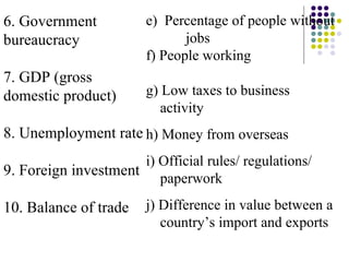 6. Government bureaucracy 7. GDP (gross domestic product) 8. Unemployment rate 9. Foreign investment 10. Balance of trade e)  Percentage of people without  jobs f) People working g) Low taxes to business activity h) Money from overseas i) Official rules/ regulations/ paperwork j) Difference in value between a country’s import and exports 