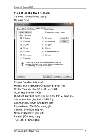 Giáo trình Autocad2007
V. C¸c ph¬ng ph¸p truy b¾t ®iÓm.
C1: Menu Tools/Drafting setting.
C2: cmd: OS↵
Endpoit: Truy b¾t ®iÓm cuèi.
Midpoit: Truy b¾t trung ®iÓm(®iÓm gi÷a ®èi tîng)
Center: Truy b¾t t©m ®êng trßn, cung trßn.
Node: Truy b¾t mét ®iÓm
Quadrant: Truy b¾t ®iÓm 1/4( ®èi ®êng trßn vµ cung trßn)
Intersection: B¾t giao ®iÓm 2 ®èi tîng.
Extension: B¾t ®iÓm kÐo dµi (Ýt dïng)
Perpendicular: B¾t ®iÓm vu«ng gãc.
Tangent: B¾t ®iÓm tiÕp xóc.
Nearest: B¾t ®iÓm gÇn nhÊt.
Parallel: §iÓm song song.
- Gi÷ SHIFT+ Chuét ph¶i.
Biªn soÆn: L©m Ngäc TiÕn 9
 