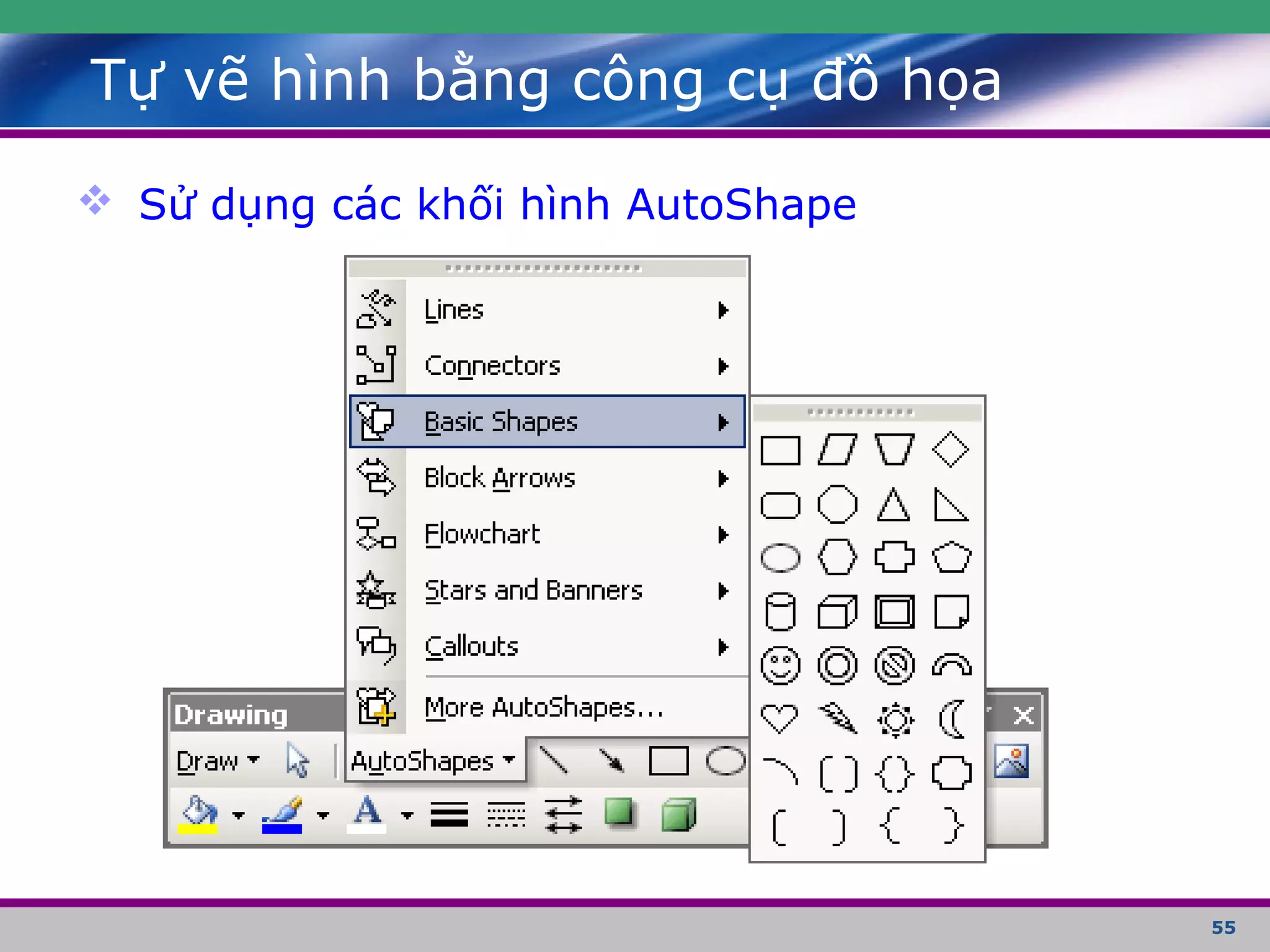 55
Tự vẽ hình bằng công cụ đồ họa
 Sử dụng các khối hình AutoShape
 