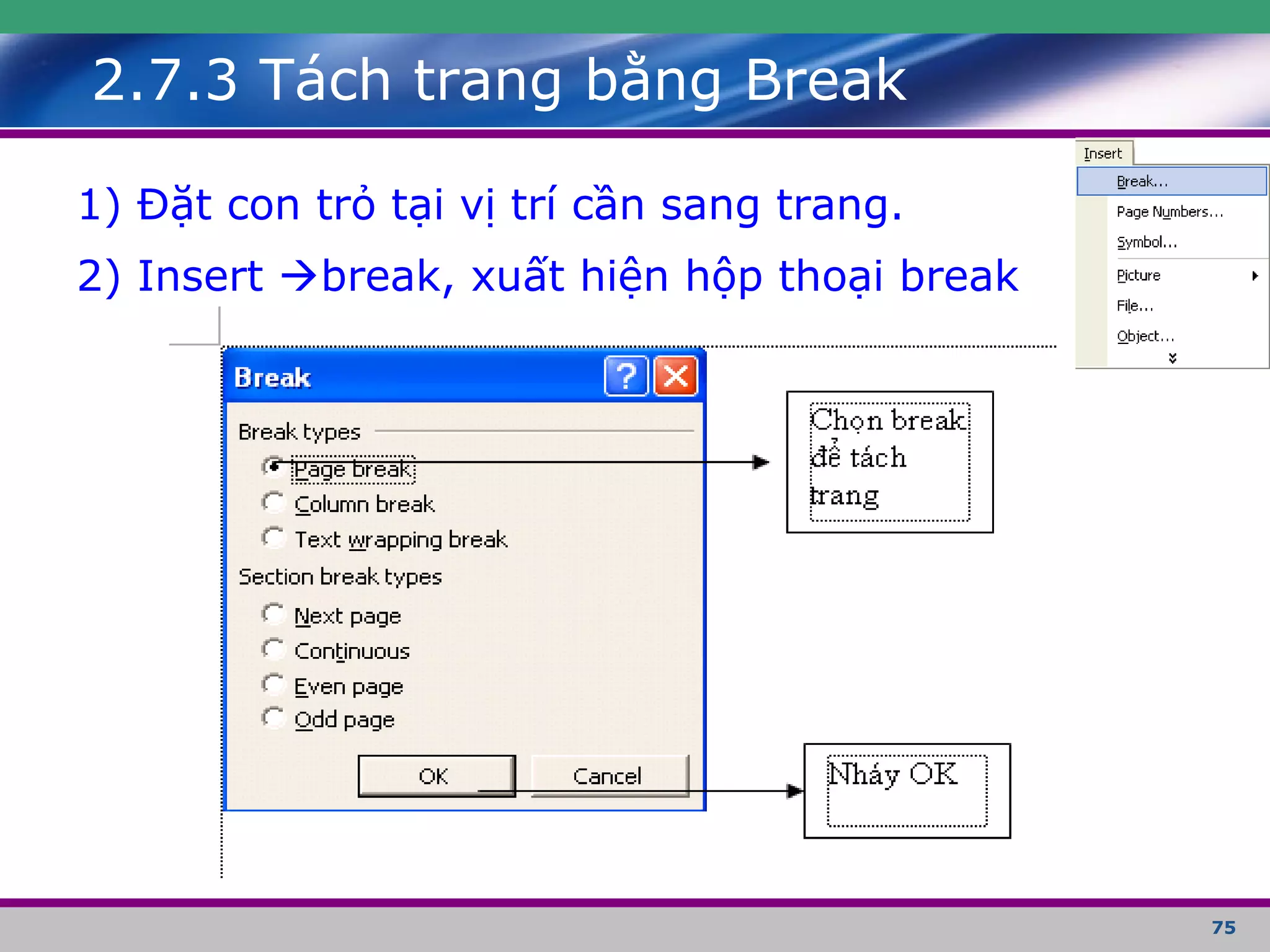 75
2.7.3 Tách trang bằng Break
1) Đặt con trỏ tại vị trí cần sang trang.
2) Insert break, xuất hiện hộp thoại break
 