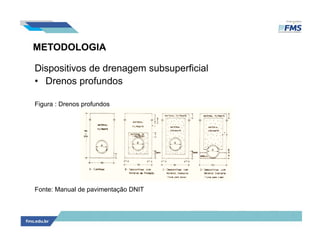 METODOLOGIA
Dispositivos de drenagem subsuperficial
• Drenos profundos
Figura : Drenos profundos
Fonte: Manual de pavimentação DNIT
 