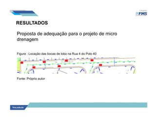 RESULTADOS
Proposta de adequação para o projeto de micro
drenagem
Figura : Locação das bocas de lobo na Rua 4 do Polo 40
Fonte: Próprio autor
 