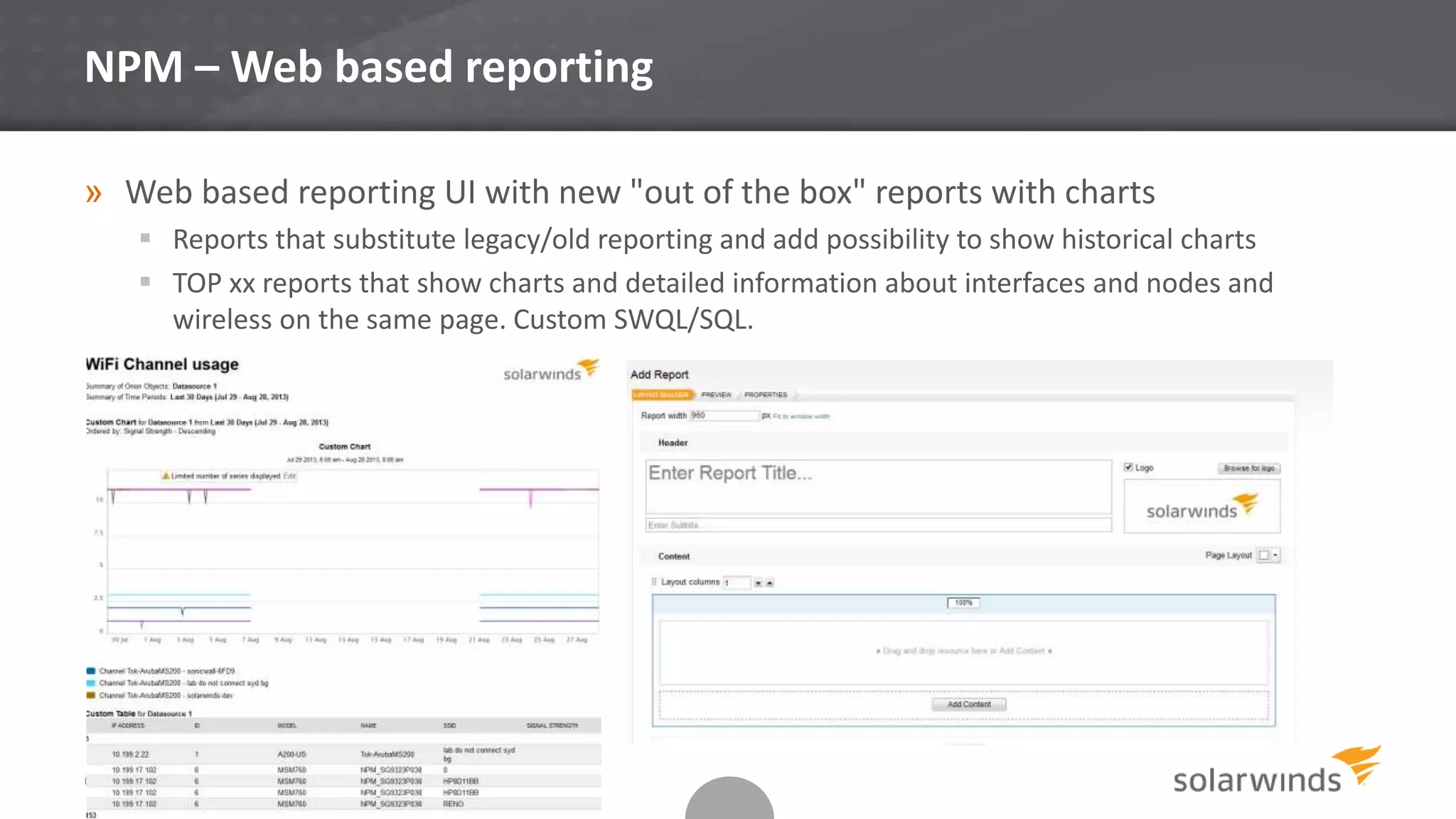 © 2013 SOLARWINDS WORLDWIDE, LLC. ALL RIGHTS RESERVED.
NPM – Web based reporting
» Web based reporting UI with new "out of the box" reports with charts
 Reports that substitute legacy/old reporting and add possibility to show historical charts
 TOP xx reports that show charts and detailed information about interfaces and nodes and
wireless on the same page. Custom SWQL/SQL.
 