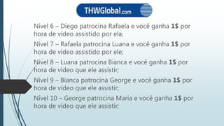 Nível 6 – Diego patrocina Rafaela e você ganha 1$ por
hora de vídeo assistido por ela;
Nível 7 – Rafaela patrocina Luana e você ganha 1$ por
hora de vídeo assistido por ele;
Nível 8 – Luana patrocina Bianca e você ganha 1$ por
hora de vídeo que ele assistir;
Nível 9 – Bianca patrocina George e você ganha 1$ por
hora de vídeo que ele assistir;
Nível 10 – George patrocina Maria e você ganha 1$ por
hora de vídeo que ele assistir;
 