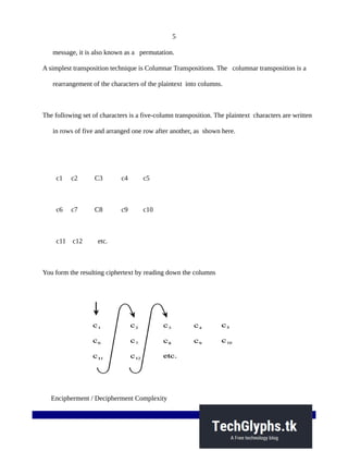 5
message, it is also known as a permutation.
A simplest transposition technique is Columnar Transpositions. The columnar transposition is a
rearrangement of the characters of the plaintext into columns.
The following set of characters is a five-column transposition. The plaintext characters are written
in rows of five and arranged one row after another, as shown here.
c1 c2 C3 c4 c5
c6 c7 C8 c9 c10
c11 c12 etc.
You form the resulting ciphertext by reading down the columns
Encipherment / Decipherment Complexity
 