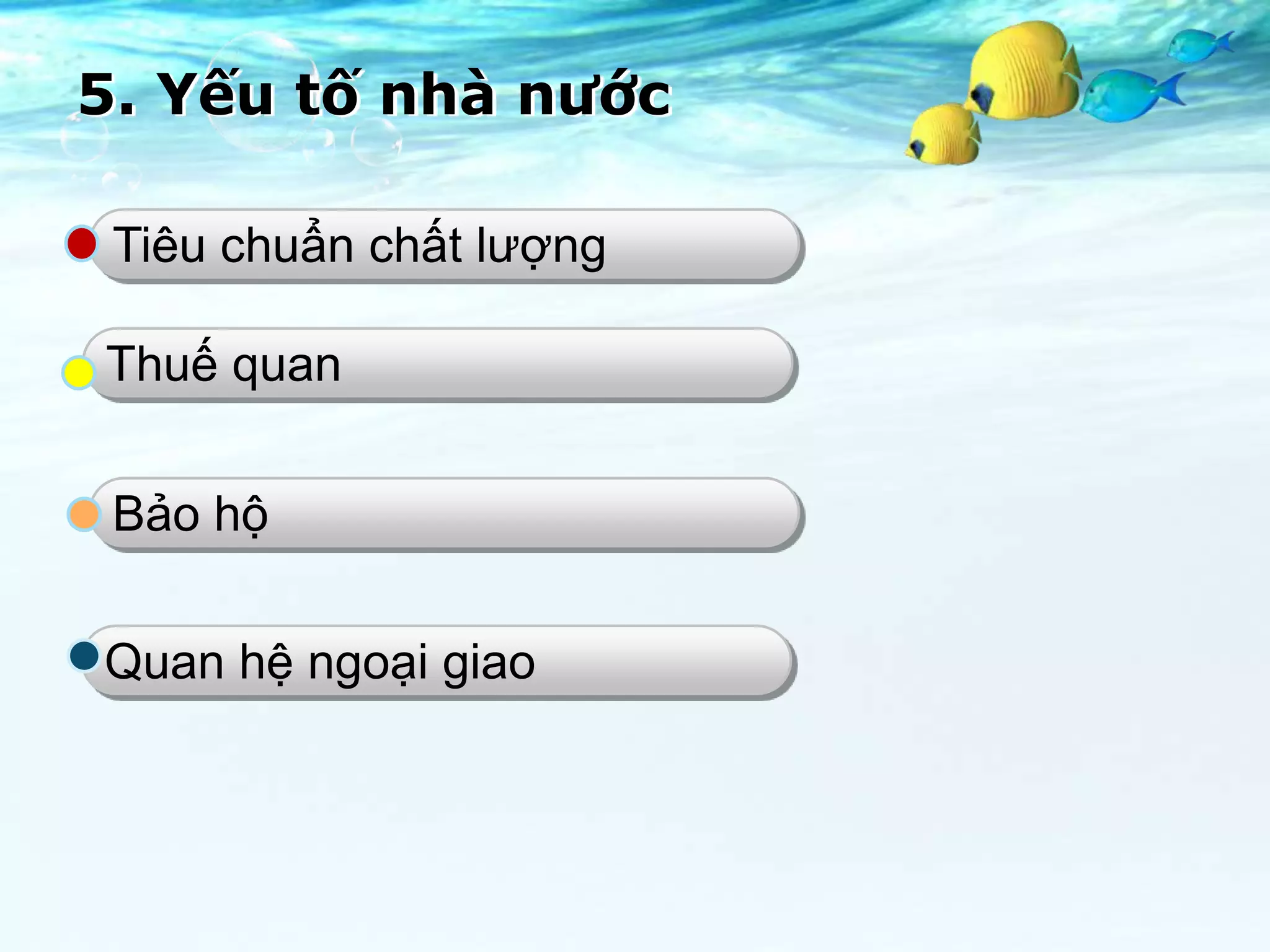 5. Yếu tố nhà nước

 Tiêu chuẩn chất lượng

Thuế quan


 Bảo hộ

Quan hệ ngoại giao
 