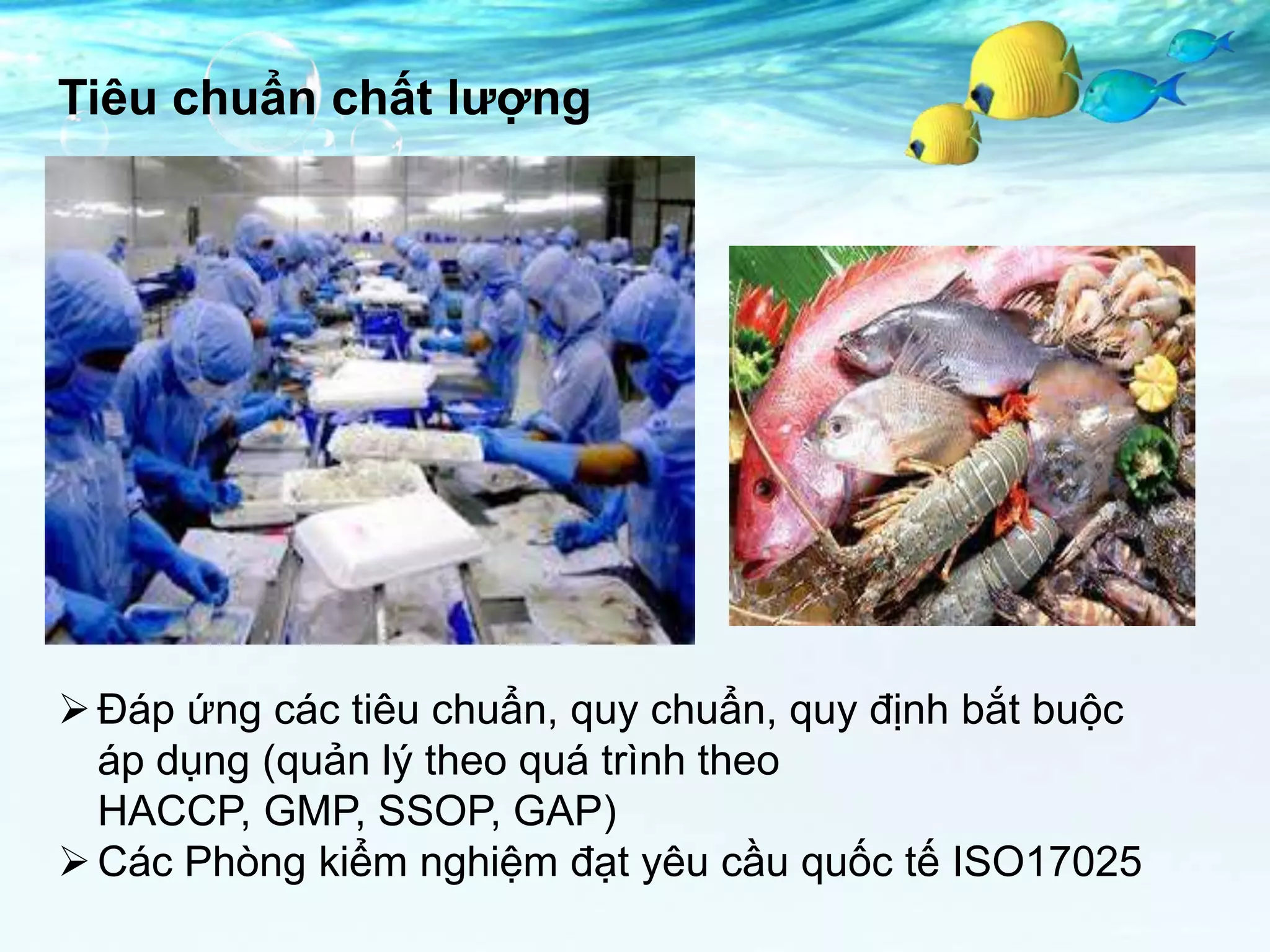 Tiêu chuẩn chất lượng




 Đáp ứng các tiêu chuẩn, quy chuẩn, quy định bắt buộc
  áp dụng (quản lý theo quá trình theo
  HACCP, GMP, SSOP, GAP)
 Các Phòng kiểm nghiệm đạt yêu cầu quốc tế ISO17025
 