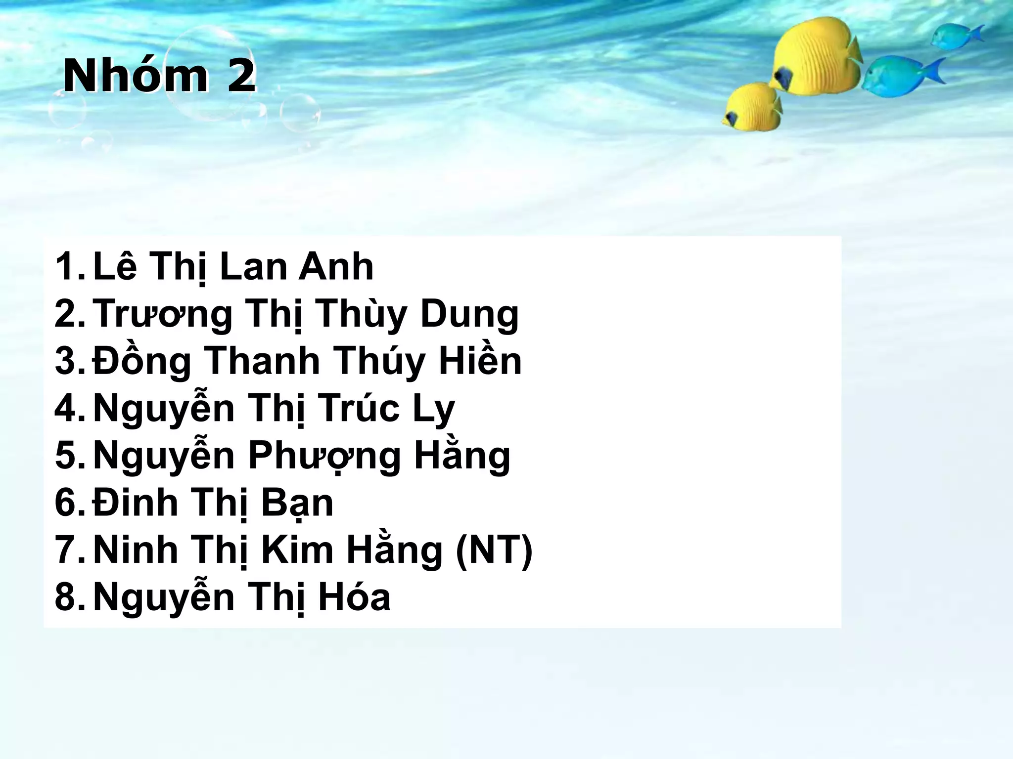 Nhóm 2



1. Lê Thị Lan Anh
2. Trương Thị Thùy Dung
3. Đồng Thanh Thúy Hiền
4. Nguyễn Thị Trúc Ly
5. Nguyễn Phượng Hằng
6. Đinh Thị Bạn
7. Ninh Thị Kim Hằng (NT)
8. Nguyễn Thị Hóa
 