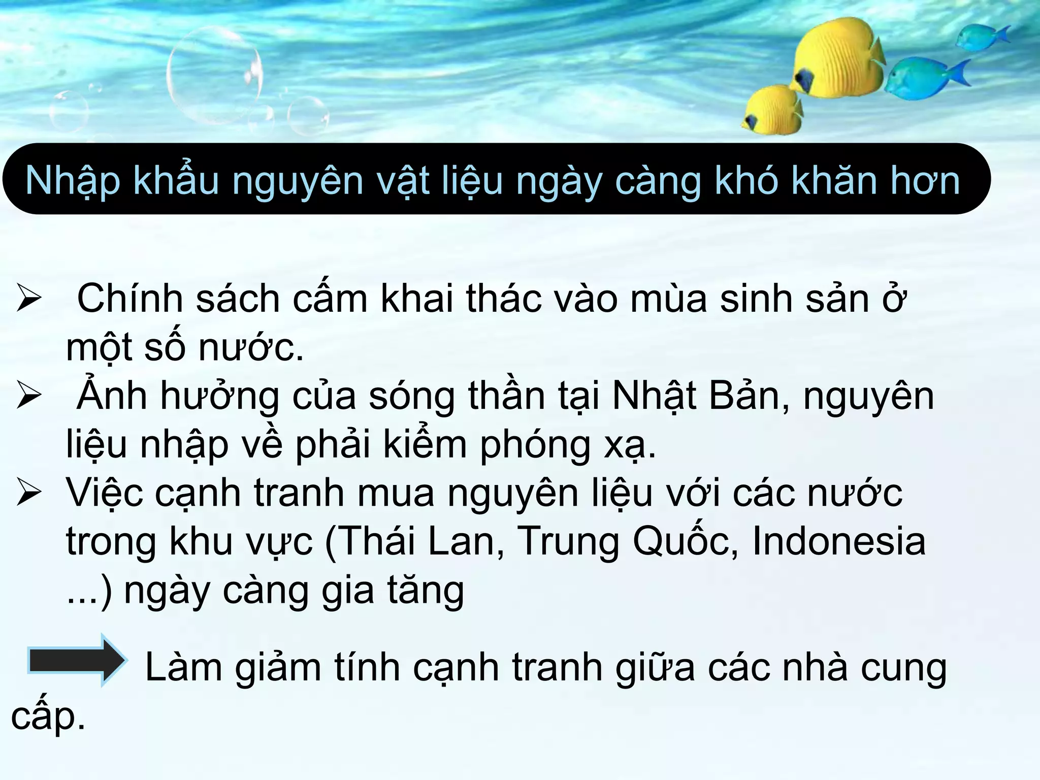 Nhập khẩu nguyên vật liệu ngày càng khó khăn hơn

 Chính sách cấm khai thác vào mùa sinh sản ở
  một số nước.
 Ảnh hưởng của sóng thần tại Nhật Bản, nguyên
  liệu nhập về phải kiểm phóng xạ.
 Việc cạnh tranh mua nguyên liệu với các nước
  trong khu vực (Thái Lan, Trung Quốc, Indonesia
  ...) ngày càng gia tăng
       Làm giảm tính cạnh tranh giữa các nhà cung
cấp.
 