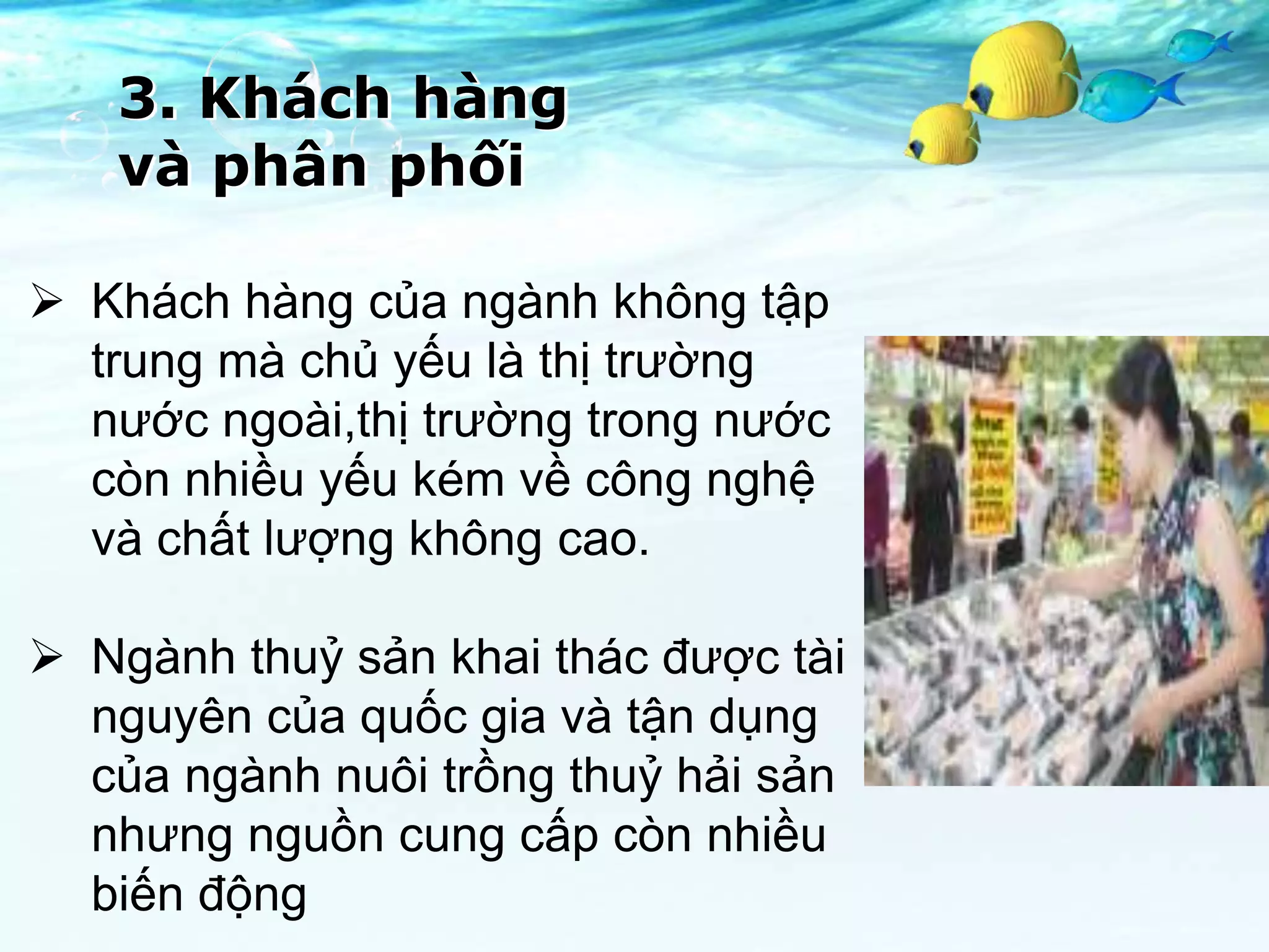 3. Khách hàng
   và phân phối

 Khách hàng của ngành không tập
  trung mà chủ yếu là thị trường
  nước ngoài,thị trường trong nước
  còn nhiều yếu kém về công nghệ
  và chất lượng không cao.

 Ngành thuỷ sản khai thác được tài
  nguyên của quốc gia và tận dụng
  của ngành nuôi trồng thuỷ hải sản
  nhưng nguồn cung cấp còn nhiều
  biến động
 