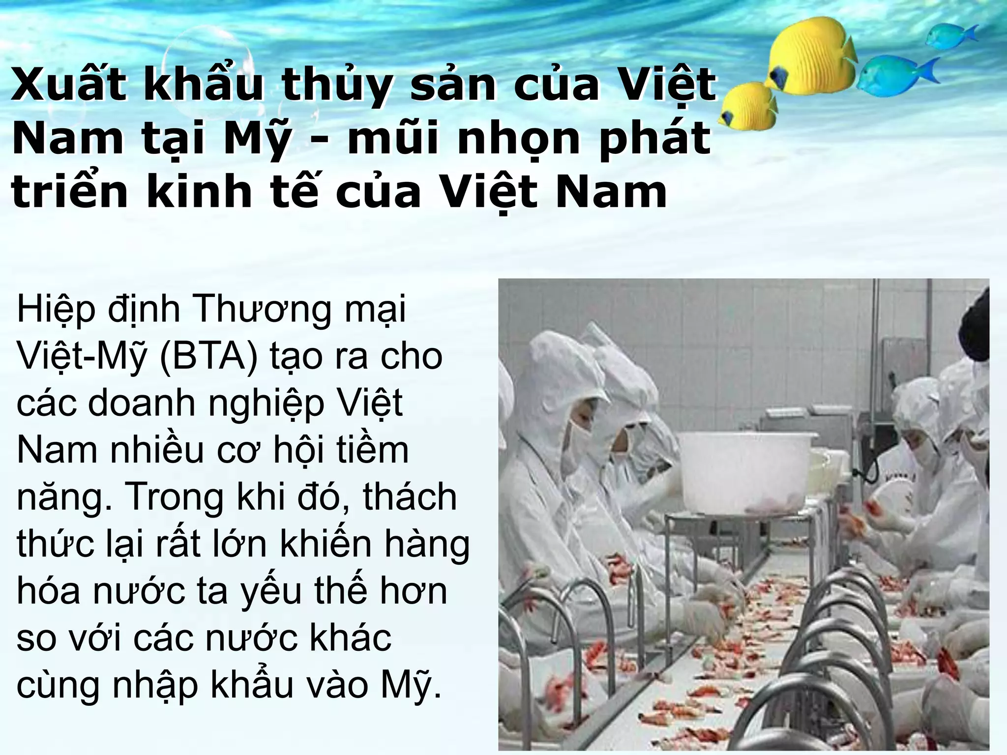 Xuất khẩu thủy sản của Việt
Nam tại Mỹ - mũi nhọn phát
triển kinh tế của Việt Nam

Hiệp định Thương mại
Việt-Mỹ (BTA) tạo ra cho
các doanh nghiệp Việt
Nam nhiều cơ hội tiềm
năng. Trong khi đó, thách
thức lại rất lớn khiến hàng
hóa nước ta yếu thế hơn
so với các nước khác
cùng nhập khẩu vào Mỹ.
 