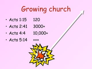 Acts 1:15  120  Acts 2:41  3000+ Acts 4:4  10,000+ Acts 5:14 +++  Growing church 