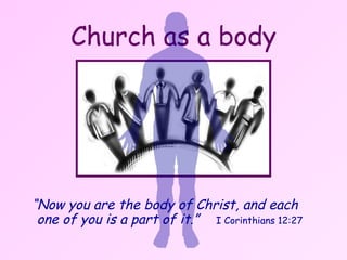 Church as a body “ Now you are the body of Christ, and each one of you is a part of it.”   I Corinthians 12:27 