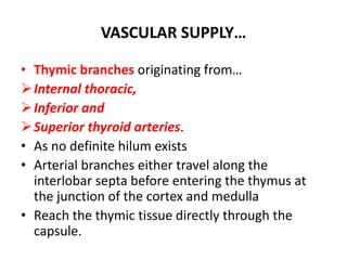 VASCULAR SUPPLY…
• Thymic branches originating from…
Internal thoracic,
Inferior and
Superior thyroid arteries.
• As no definite hilum exists
• Arterial branches either travel along the
interlobar septa before entering the thymus at
the junction of the cortex and medulla
• Reach the thymic tissue directly through the
capsule.
 