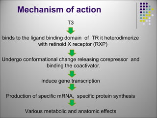 Mechanism of action
T3
binds to the ligand binding domain of TR it heterodimerize
with retinoid X receptor (RXP)
Undergo conformational change releasing corepressor and
binding the coactivator.
Induce gene transcription
Production of specific mRNA, specific protein synthesis
Various metabolic and anatomic effects
 