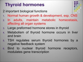 2 important biological functions
1. Normal human growth & development, esp. CNS
2. In adults, maintain metabolic homeostasis,
affecting all organ systems
3. Large preformed hormone stores in thyroid
4. Metabolism of thyroid hormone occurs in liver
and brain
5. TSH regulates serum thyroid hormones by a
negative feedback system
6. Bind to nuclear thyroid hormone receptors,
modulates gene transcription
Thyroid hormones
 
