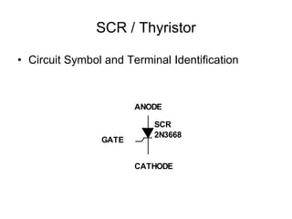 SCR / Thyristor
• Circuit Symbol and Terminal Identification
SCR
2N3668
ANODE
CATHODE
GATE
 