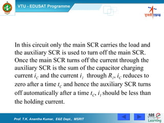 In this circuit only the main SCR carries the load and the auxiliary SCR is used to turn off the main SCR. Once the main SCR turns off the current through the auxiliary SCR is the sum of the capacitor charging current  i C  and the current  i 1   through  R 1 ,  i C  reduces to zero after a time  t C  and hence the auxiliary SCR turns off automatically after a time  t C ,  i 1   should be less than the holding current. Prof. T.K. Anantha Kumar,  E&E Dept.,  MSRIT 