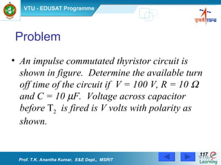 Problem An impulse commutated thyristor circuit is shown in figure.  Determine the available turn off time of the circuit if  V = 100 V, R = 10    and C = 10   F.  Voltage across capacitor before  T 2   is fired is V volts with polarity as shown.   Prof. T.K. Anantha Kumar,  E&E Dept.,  MSRIT 