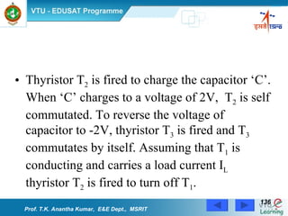 Thyristor T 2  is fired to charge the capacitor ‘C’. When ‘C’ charges to a voltage of 2V,  T 2  is self commutated. To reverse the voltage of capacitor to -2V, thyristor T 3  is fired and T 3  commutates by itself. Assuming that T 1  is conducting and carries a load current I L  thyristor T 2  is fired to turn off T 1 .  Prof. T.K. Anantha Kumar,  E&E Dept.,  MSRIT 