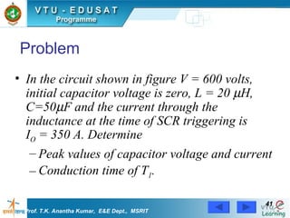 In the circuit shown in figure V = 600 volts, initial capacitor voltage is zero, L = 20   H,  C=50  F and the current through the inductance at the time of SCR triggering is  I O  = 350 A. Determine  Peak values of capacitor voltage and current Conduction time of T 1 .   Problem Prof. T.K. Anantha Kumar,  E&E Dept.,  MSRIT 