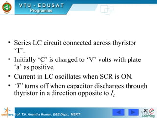 Series LC circuit connected across thyristor ‘T’. Initially ‘C’ is charged to ‘V’ volts with plate ‘a’ as positive. Current in LC oscillates when SCR is ON. ‘ T’  turns off when capacitor discharges through thyristor in a direction opposite to  I L Prof. T.K. Anantha Kumar,  E&E Dept.,  MSRIT 