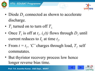Diode  D 2  connected as shown to accelerate discharge. T 2  turned on to turn off  T 1 . Once  T 1  is off at  t 1 .  i C (t)  flows through  D 2  until current reduces to  I L  at time  t 2 . From  t = t 2  ,   ‘C’  charges through load,  T 2   self commutates. But thyristor recovery process low hence longer reverse bias time. Prof. T.K. Anantha Kumar,  E&E Dept.,  MSRIT 