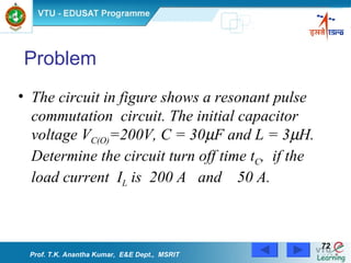 Problem The circuit in figure shows a resonant pulse commutation  circuit. The initial capacitor voltage V C(O) =200V, C = 30  F and L = 3  H. Determine the circuit turn off time t C ,  if the load current  I L  is  200 A  and  50 A. Prof. T.K. Anantha Kumar,  E&E Dept.,  MSRIT 
