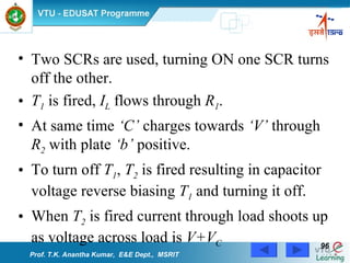 Two SCRs are used, turning ON one SCR turns off the other. T 1  is fired,  I L  flows through  R 1 . At same time  ‘C’  charges towards  ‘V’  through  R 2  with plate  ‘b’  positive. To turn off  T 1 ,  T 2  is fired resulting in capacitor voltage reverse biasing  T 1  and turning it off. When  T 2  is fired current through load shoots up as voltage across load is  V+V C Prof. T.K. Anantha Kumar,  E&E Dept.,  MSRIT 