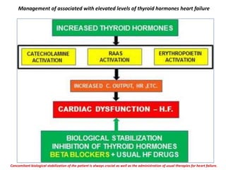 Management of associated with elevated levels of thyroid hormones heart failure
Concomitant biological stabilization of the patient is always crucial as well as the administration of usual therapies for heart failure.
 