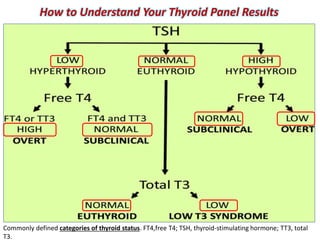Commonly defined categories of thyroid status. FT4,free T4; TSH, thyroid-stimulating hormone; TT3, total
T3.
How to Understand Your Thyroid Panel Results
 