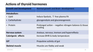 Dr Umesh Kumar Maurya 16
Actions of thyroid hormones
Growth and Development Normal growth and Brain development
Metabolism:
• Lipid Induce lipolysis, ↑ free plasma FA
• Carbohydrate glycogenolysis and gluconeogenesis
• Protein Prolonged action – negative nitrogen balance & tissue
wasting
Nervous system Anxious, nervous, tremors and hyperreflexia
Calorigenic effects Increase BMR & body temperature
GIT Propulsive activity of gut
Skeletal muscle Muscles are flabby and weak
20/05/2025
 