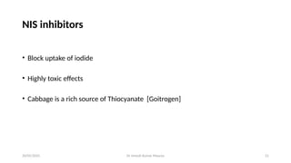Dr Umesh Kumar Maurya 21
NIS inhibitors
• Block uptake of iodide
• Highly toxic effects
• Cabbage is a rich source of Thiocyanate [Goitrogen]
20/05/2025
 