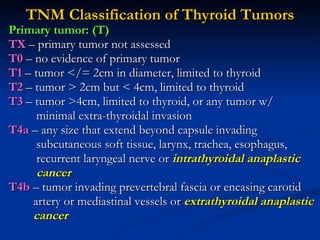 TNM Classification of Thyroid Tumors <ul><li>Primary tumor: (T) </li></ul><ul><li>TX  – primary tumor not assessed </li></...