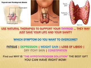 USE NATURAL THERAPIES TO SUPPORT YOUR THYROID ... THEY MAY JUST SAVE YOUR LIFE AND YOUR SANITYWHICH SYMPTOM DO YOU WANT TO OVERCOME?Fatigue | Depression | Weight Gain | Loss of Libido | Dry Itchy Skin | Constipation Find out WHY IS "THE HYPOTHYROIDISM SOLUTION" THE BEST GIFT YOU CAN HAVE RIGHT NOW: 