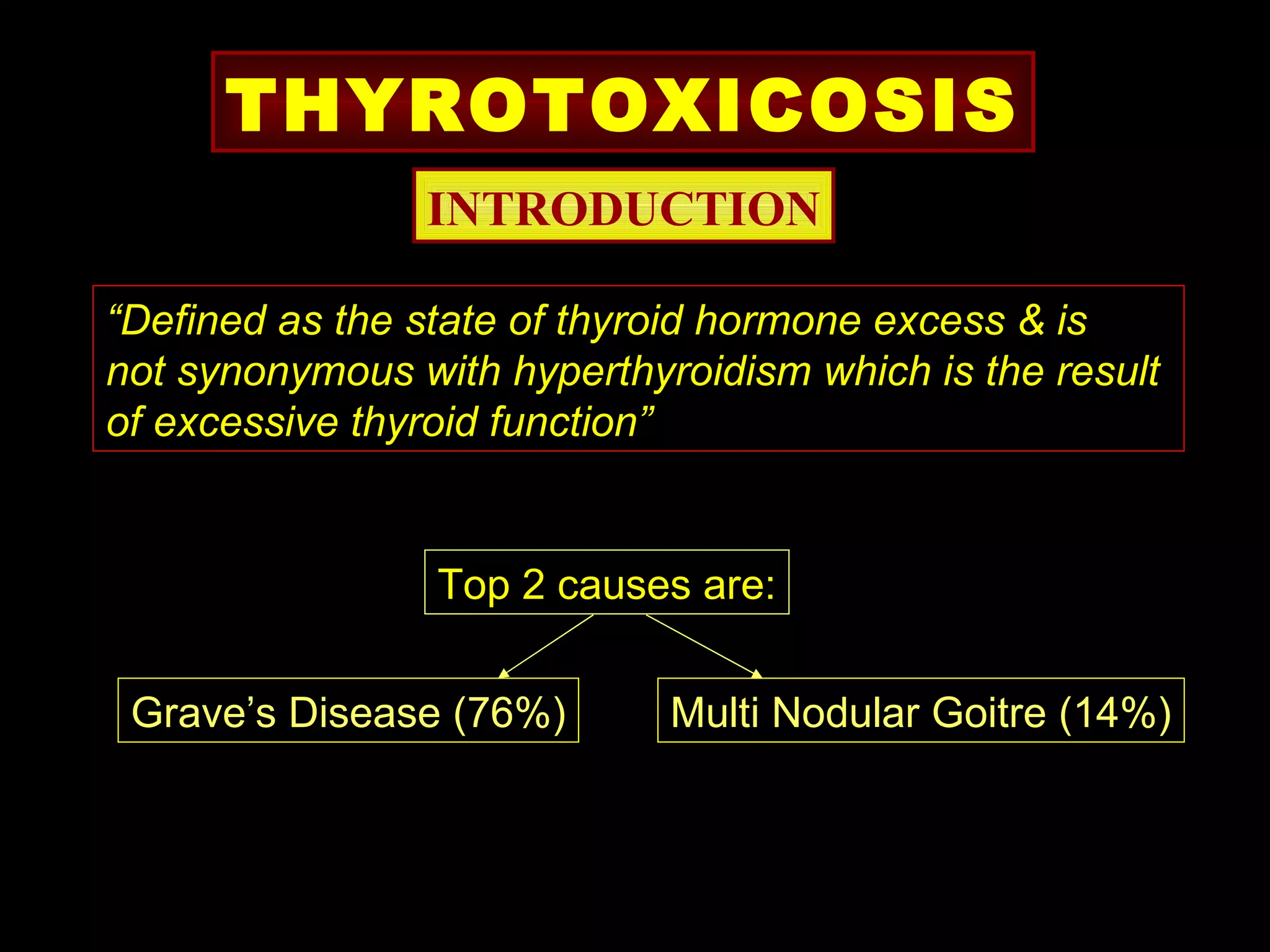 THYROTOXICOSIS
                INTRODUCTION

“Defined as the state of thyroid hormone excess & is
not synonymous with hyperthyroidism which is the result
of excessive thyroid function”


                 Top 2 causes are:


 Grave’s Disease (76%)       Multi Nodular Goitre (14%)
 