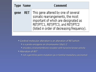  Cardinal molecular alteration is an alteration of RET,which:
   is a proto-oncogene on chromosome 10q11.2
   encodes a transmembrane receptor with tyrosine kinase activity
 Alteration of RET
   not a germline point mutation (as in familial medullary carcinoma)
 