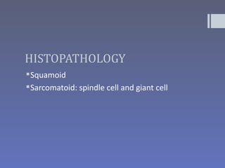 HISTOPATHOLOGY
 Squamoid
 Sarcomatoid: spindle cell and giant cell
 