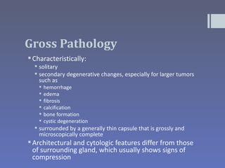Gross Pathology
 Characteristically:
   solitary
   secondary degenerative changes, especially for larger tumors
    such as
       hemorrhage
       edema
       fibrosis
       calcification
       bone formation
       cystic degeneration
   surrounded by a generally thin capsule that is grossly and
    microscopically complete
 Architectural and cytologic features differ from those
  of surrounding gland, which usually shows signs of
  compression
 