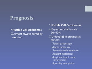 Prognosis
                           Hürthle Cell Carcinomas
 Hürthle Cell Adenomas   5-year mortality rate
Almost always cured by     20–40%
  excision                Unfavorable prognostic
                            factors:
                            older patient age
                            large tumor size
                            extrathyroidal extension
                            distant metastases
                            regional lymph node
                             involvement
                            possibly aneuploidy
 