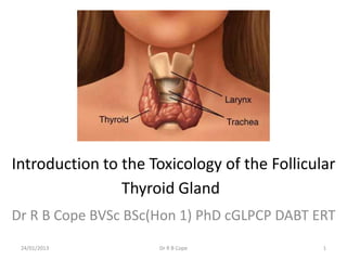 Introduction to the Toxicology of the Follicular
                Thyroid Gland
Dr R B Cope BVSc BSc(Hon 1) PhD cGLPCP DABT ERT
 24/01/2013          Dr R B Cope              1
 