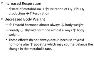 o Increased Respiration
– ↑Rate of metabolism→ ↑Utilization of O₂→↑CO₂
production →↑Respiration
o Decreased Body Weight
– ↑ Thyroid hormone almost always ↓ body weight.
– Greatly ↓ Thyroid hormone almost always ↑ body
weight.
• These effects do not always occur, because thyroid
hormone also ↑ appetite which may counterbalance the
change in the metabolic rate.
 