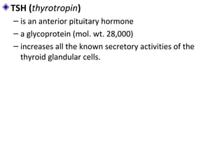 TSH (thyrotropin)
– is an anterior pituitary hormone
– a glycoprotein (mol. wt. 28,000)
– increases all the known secretory activities of the
thyroid glandular cells.
 