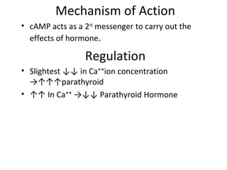 Mechanism of Action
• cAMP acts as a 2nd
messenger to carry out the
effects of hormone.
Regulation
• Slightest ↓↓ in Ca⁺⁺ion concentration
→↑↑↑parathyroid
• ↑↑ In Ca⁺⁺ →↓↓ Parathyroid Hormone
 