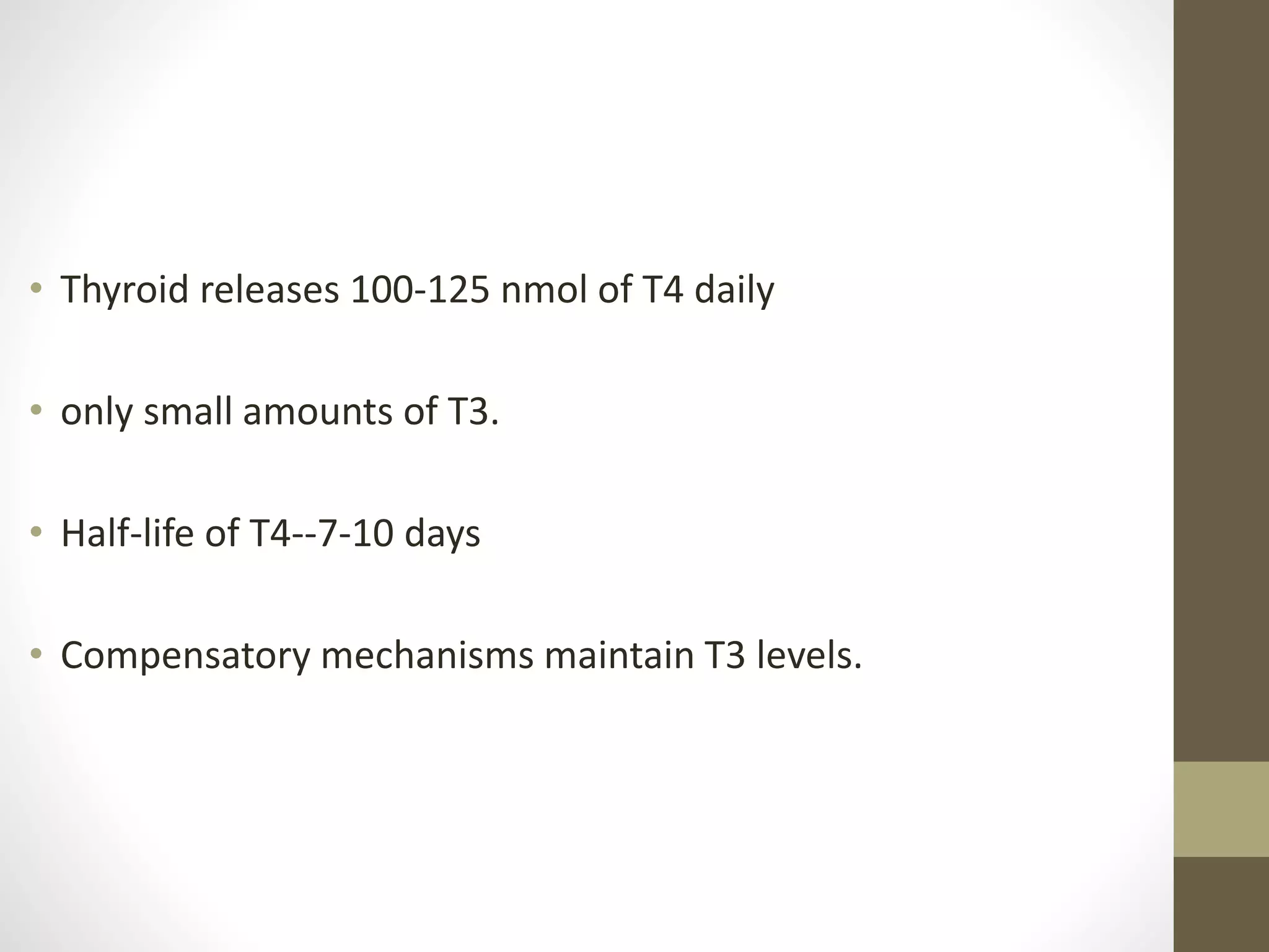 • Thyroid releases 100-125 nmol of T4 daily
• only small amounts of T3.
• Half-life of T4--7-10 days
• Compensatory mechanisms maintain T3 levels.
 