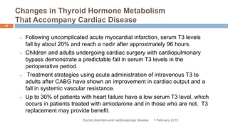 Changes in Thyroid Hormone Metabolism
That Accompany Cardiac Disease
1 February 2015thyroid disorders and cardiovascular disease
41
 Following uncomplicated acute myocardial infarction, serum T3 levels
fall by about 20% and reach a nadir after approximately 96 hours.
 Children and adults undergoing cardiac surgery with cardiopulmonary
bypass demonstrate a predictable fall in serum T3 levels in the
perioperative period.
 Treatment strategies using acute administration of intravenous T3 to
adults after CABG have shown an improvement in cardiac output and a
fall in systemic vascular resistance.
 Up to 30% of patients with heart failure have a low serum T3 level, which
occurs in patients treated with amiodarone and in those who are not. T3
replacement may provide benefit.
 
