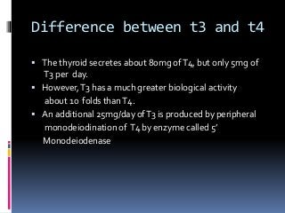 Difference between t3 and t4
 The thyroid secretes about 80mg ofT4, but only 5mg of
T3 per day.
 However,T3 has a much greater biological activity
about 10 folds thanT4.
 An additional 25mg/day ofT3 is produced by peripheral
monodeiodination of T4 by enzyme called 5’
Monodeiodenase
 