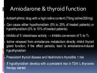  Antiarrhythmic drug with a high iodine content (75mg iodine/200mg)
 Can cause either hypothyroidism (5% to 25% of treated patients) or
hyperthyroidism (2% to 10% of treated patients)
 Inhibits of 5´-deiodinase activity → Inhibits conversion of T4 to T3
 Iodine released from amiodarone metabolism directly inhibit thyroid
gland function, if the effect persists, lead to amiodarone-induced
hypothyroidism
 Preexistent thyroid disease and Hashimoto’s thyroiditis ↑ risk
 If hypothyroidism develop with a persistent rise in TSH: L-thyroxine
therapy started
Amiodarone & thyroid function
 