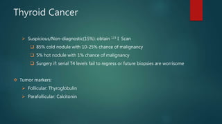 Thyroid Cancer
 Suspicious/Non-diagnostic(15%): obtain 123 I Scan
 85% cold nodule with 10-25% chance of malignancy
 5% hot nodule with 1% chance of malignancy
 Surgery if: serial T4 levels fail to regress or future biopsies are worrisome
 Tumor markers:
 Follicular: Thyroglobulin
 Parafollicular: Calcitonin
 